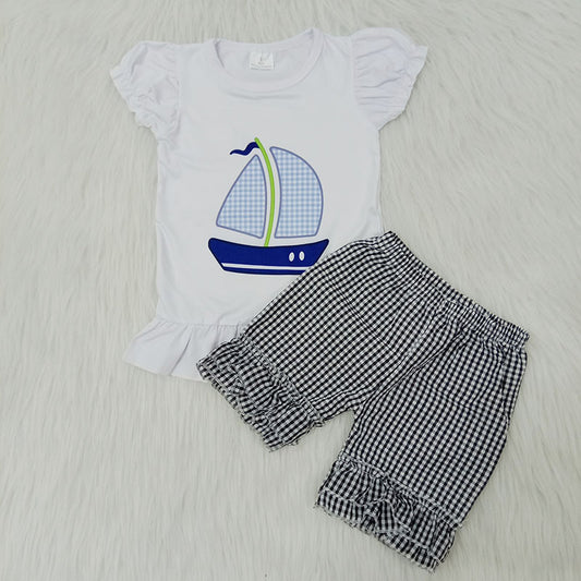 Baby Girl Summer Embroidery Sailboat Plaid Shorts Outfit